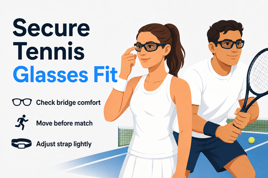 Editorial illustration of an adult tennis player checking the fit of prescription sports glasses on a court.