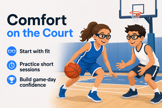 Editorial illustration of two young basketball players wearing sports glasses on a court