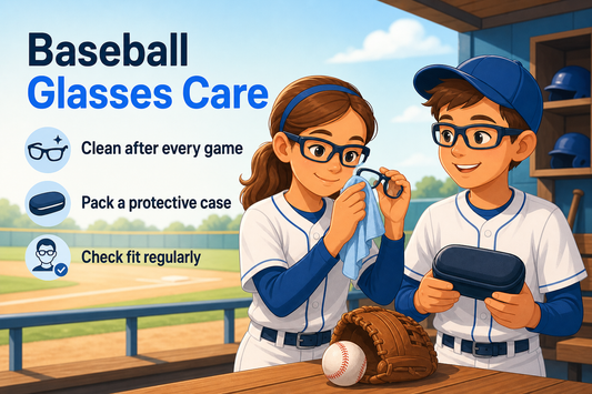 Editorial illustration of two young baseball players cleaning and checking their prescription sports glasses beside a dugout.
