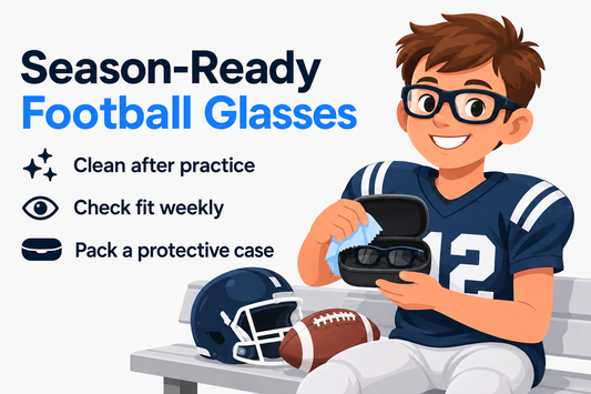 Young football player wearing prescription sports glasses and checking gear on the sideline.