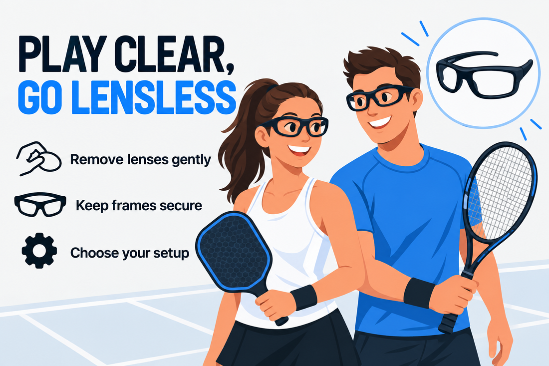 Pickleball and tennis players beside a lensless sports frame and simple lens-removal steps