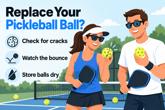 Editorial illustration of adult pickleball players checking a ball beside a court, with simple replacement tips.