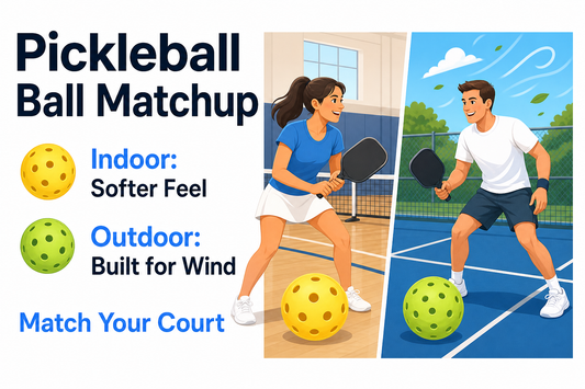 Editorial illustration comparing indoor and outdoor pickleball players with their balls on side-by-side courts
