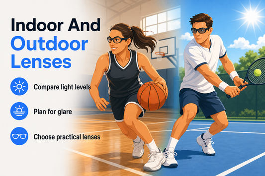 Woman playing indoor basketball and man playing outdoor tennis in sports glasses
