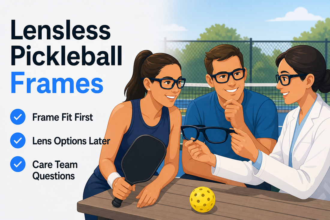 Editorial illustration of an adult pickleball player comparing a lensless sports frame with an eye-care professional