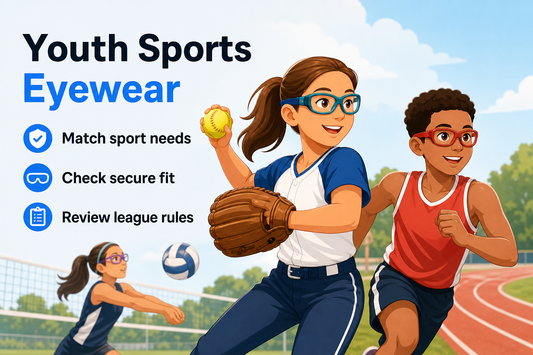 Girl playing softball and boy playing basketball while wearing colorful sports eyewear