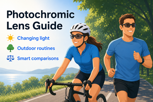 Adult runner and cyclist wearing sports glasses as daylight shifts on an outdoor trail