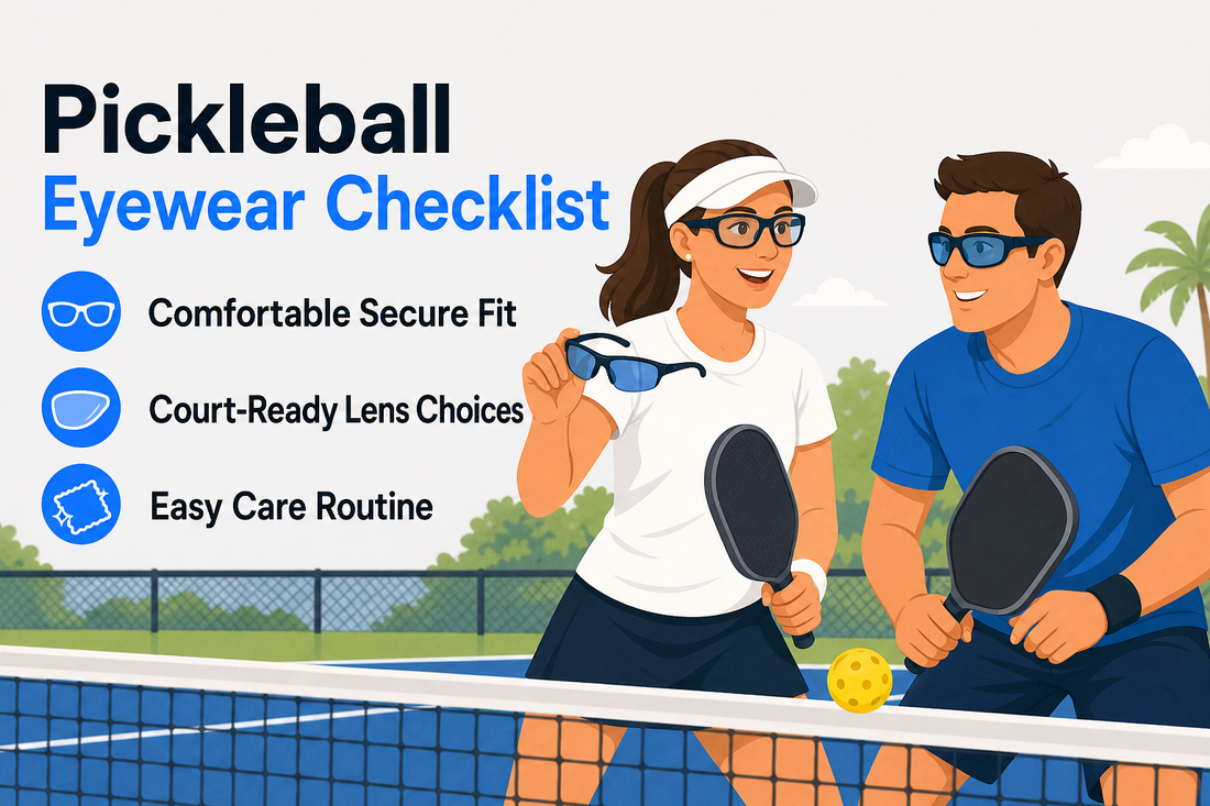 Editorial illustration of two adult pickleball players comparing comfortable court eyewear beside a net.