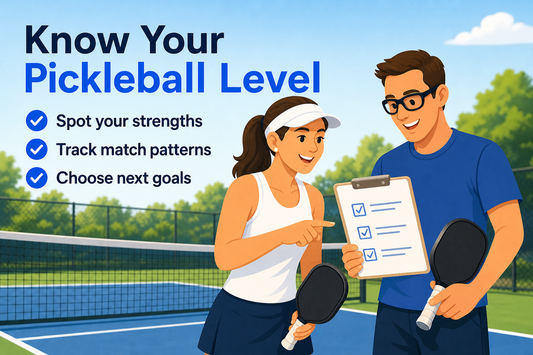 Editorial illustration of adult pickleball players reviewing a skill-level checklist beside a court.