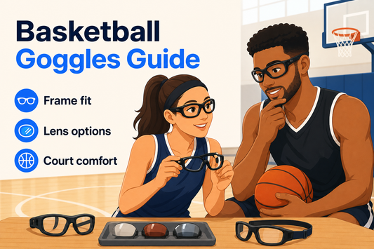 Editorial illustration of adult basketball players comparing prescription sports eyewear on an indoor court
