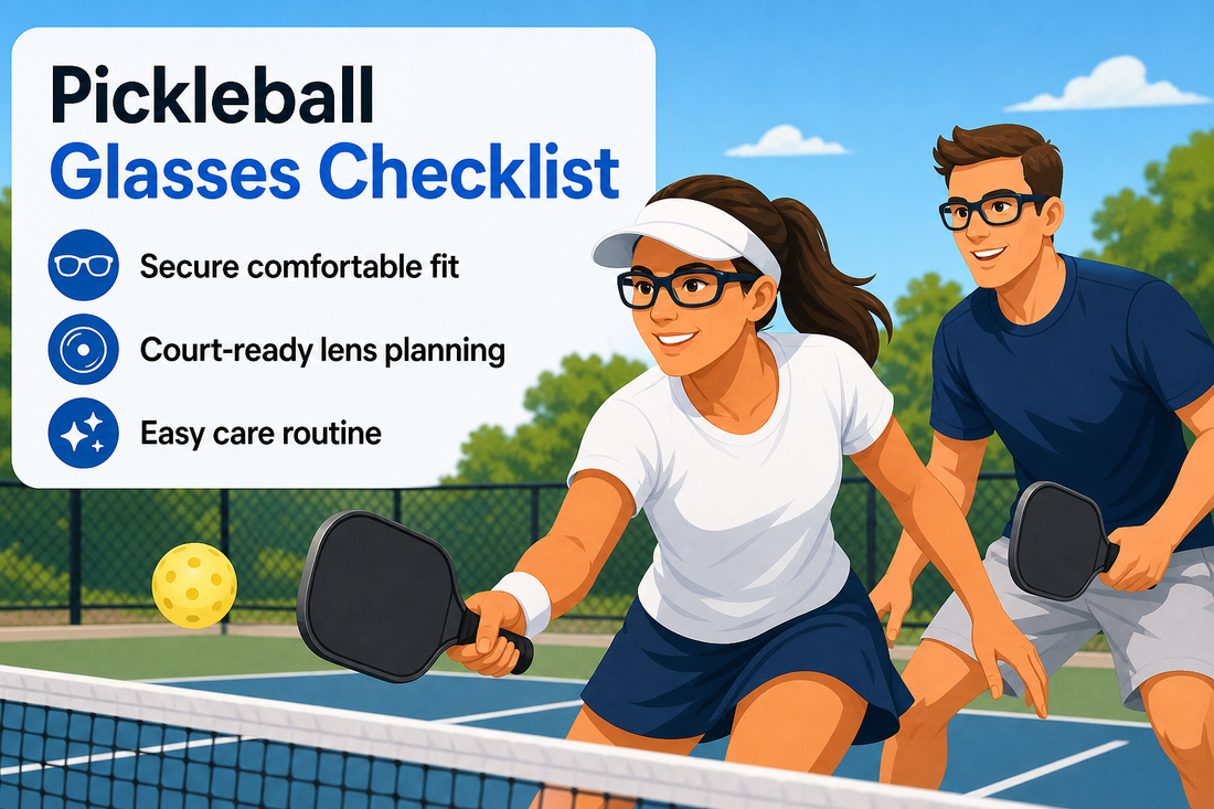 Adult pickleball players wearing prescription sports glasses on an outdoor court