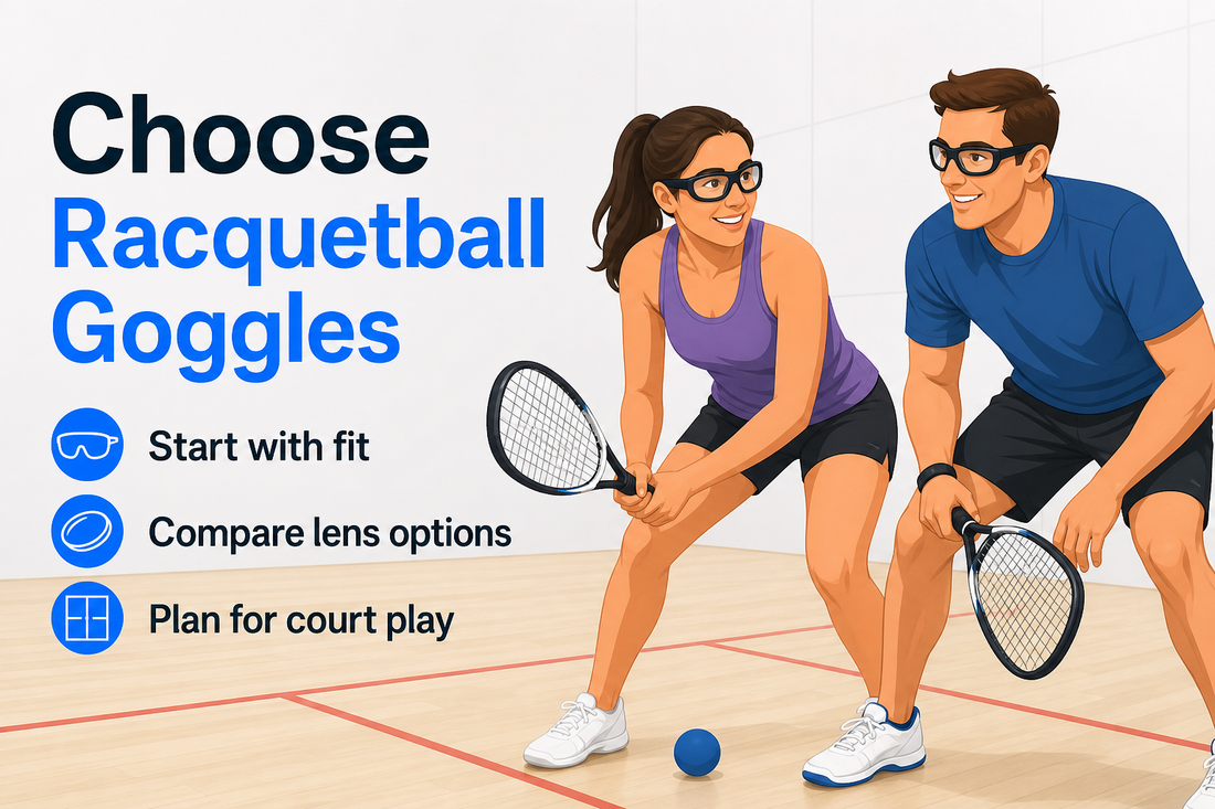 Editorial illustration of two adult racquetball players wearing prescription sports goggles on an indoor court