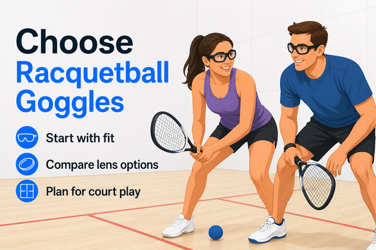 Editorial illustration of two adult racquetball players wearing prescription sports goggles on an indoor court