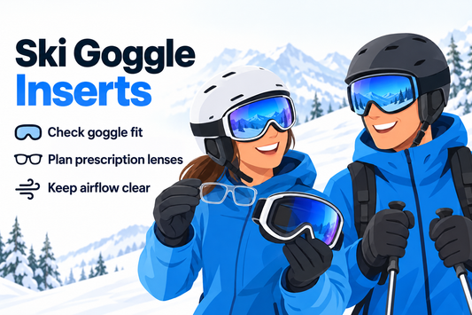 Skier wearing a helmet and goggles while checking a prescription insert beside a snowy slope