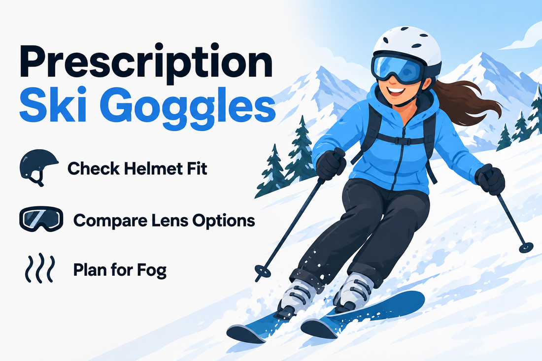 Adult skier wearing prescription ski goggles beside a snowy mountain, with fit and lens tips