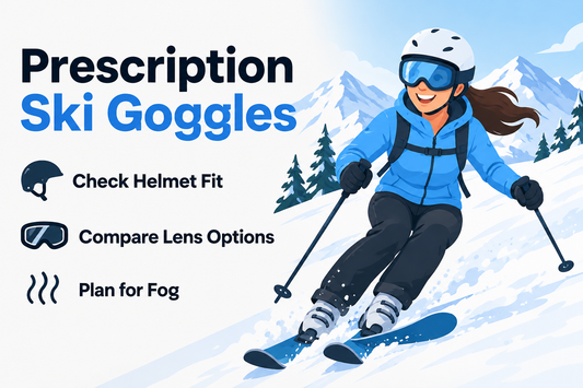 Adult skier wearing prescription ski goggles beside a snowy mountain, with fit and lens tips