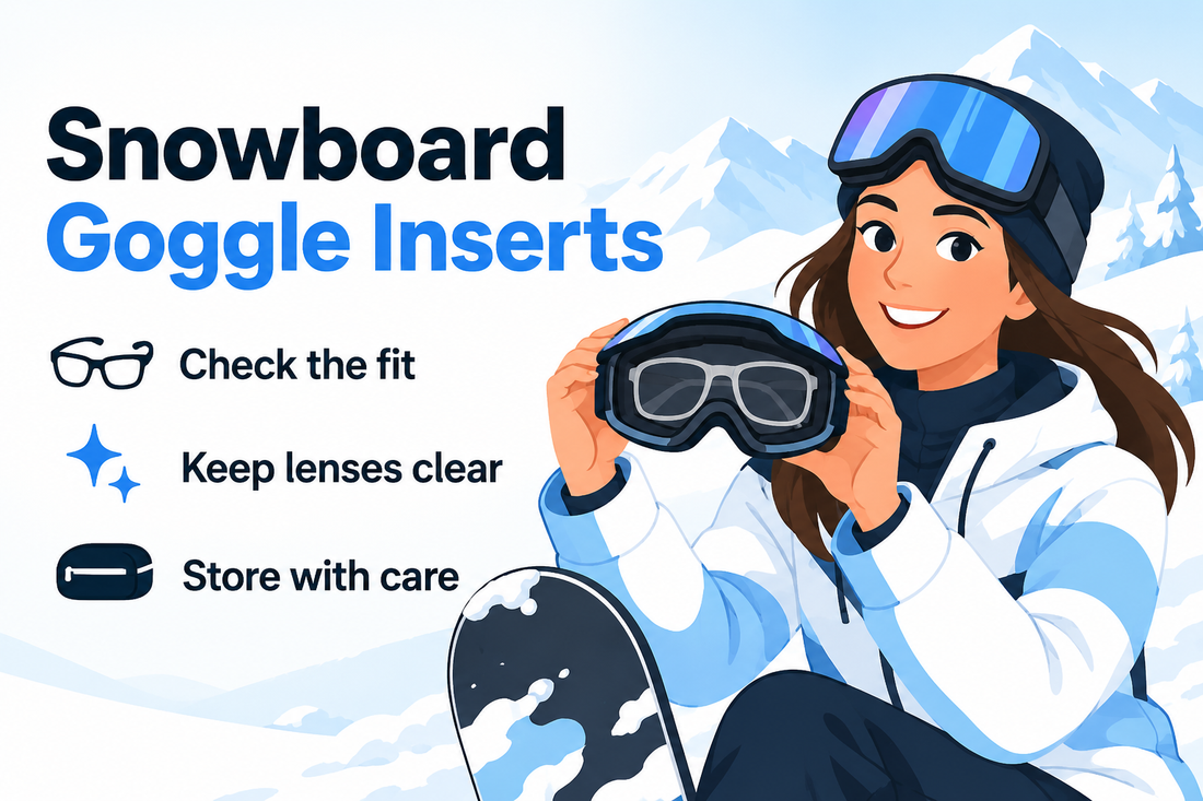 Illustration of an adult snowboarder checking a prescription insert beside snowboard goggles on a snowy slope
