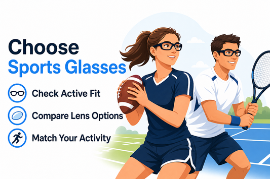 Adult woman with a football and adult man with a tennis racket wearing prescription sports glasses