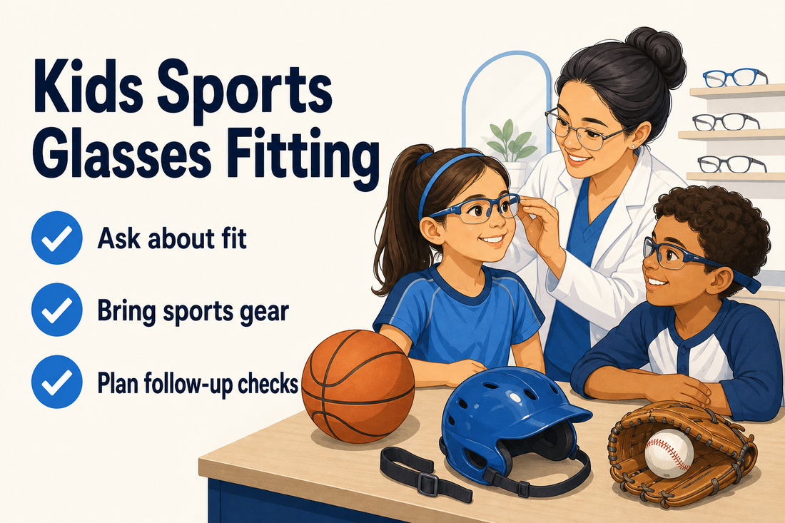 Editorial illustration of a parent and child discussing sports-glasses fit with an eye-care professional.