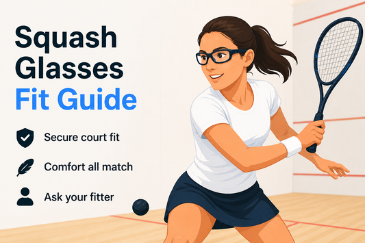 Woman squash player with prescription sports glasses and racket on an indoor court