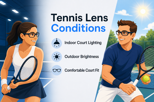 Editorial illustration of adult tennis players comparing indoor and outdoor court lighting in prescription sports glasses.