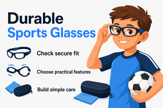 Editorial illustration of a young athlete wearing sports glasses with fit, durability, and care reminders