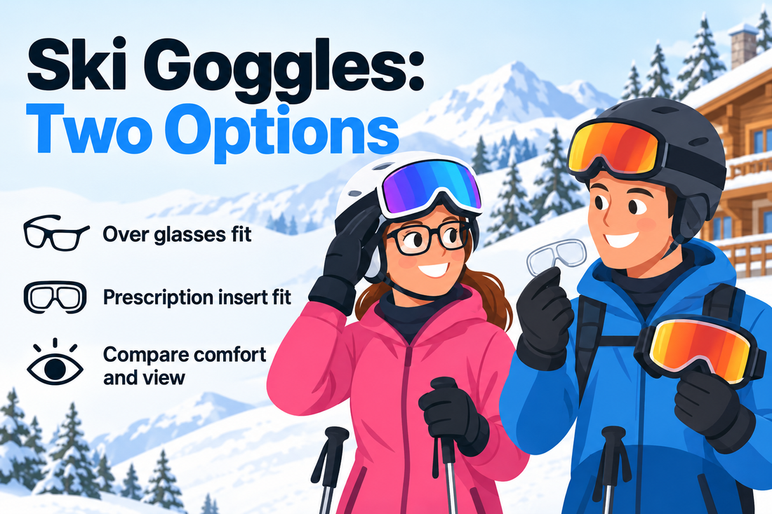 Skier comparing over-glasses goggles and a prescription insert beside a snowy mountain