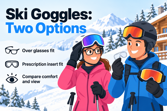 Skier comparing over-glasses goggles and a prescription insert beside a snowy mountain