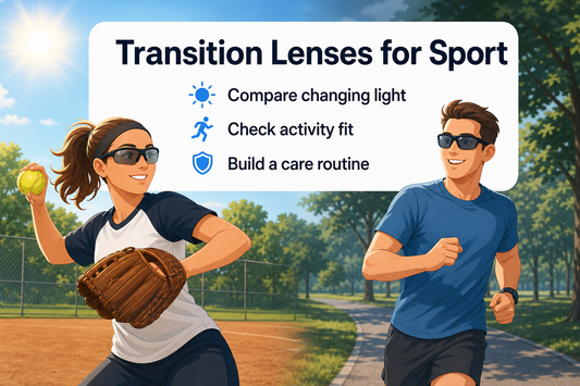 Editorial illustration of two adult athletes comparing sports glasses as they move from an indoor court to daylight.