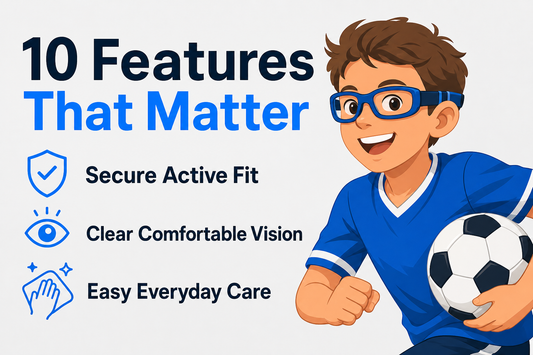 Young athlete wearing blue kids’ sports glasses beside a checklist of key eyewear features