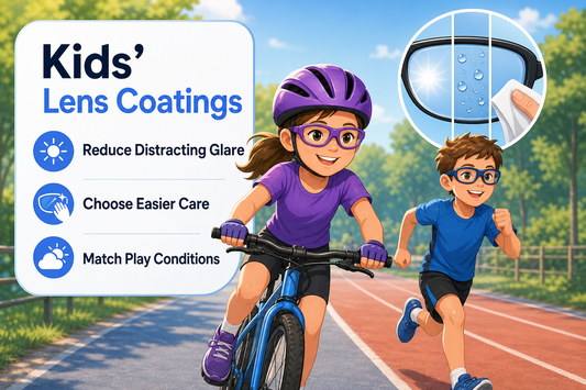 Editorial illustration of a girl cycling and a boy running in sports glasses beside a lens-coating guide