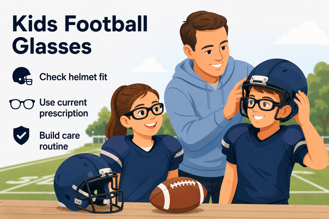 Editorial illustration of a young football player checking sports glasses with a parent and helmet