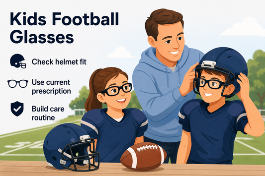 Editorial illustration of a young football player checking sports glasses with a parent and helmet