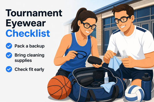 Woman and man packing sports glasses, a case, cleaning cloth, basketball, and tennis racket