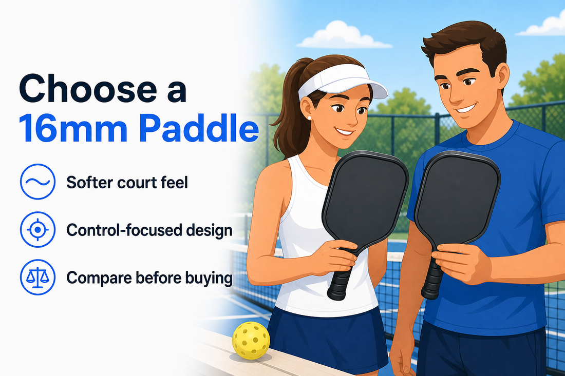 Adult woman and man comparing 16mm pickleball paddles beside an outdoor court.