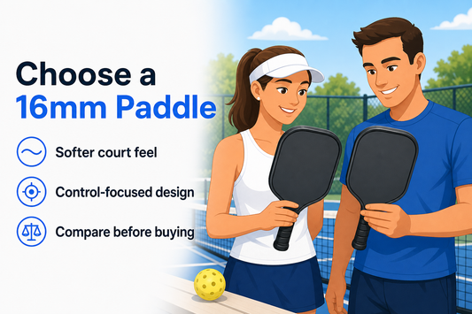 Adult woman and man comparing 16mm pickleball paddles beside an outdoor court.