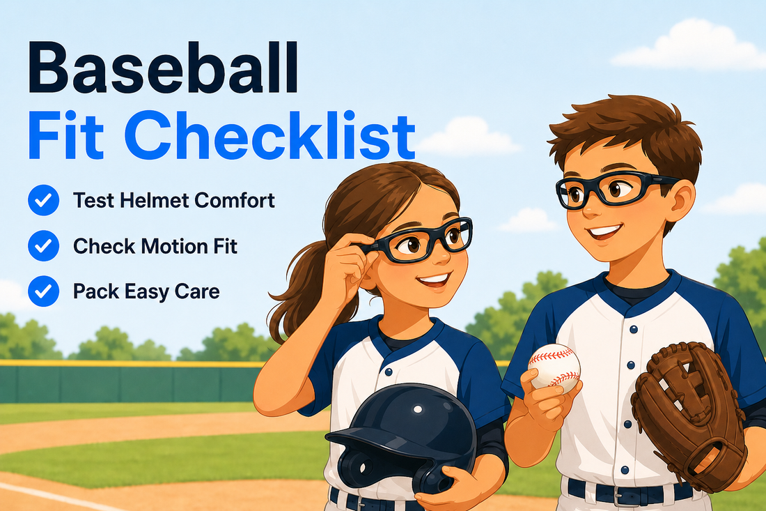 Young girl and boy baseball players checking prescription sports glasses with a helmet, glove, and baseball field behind them
