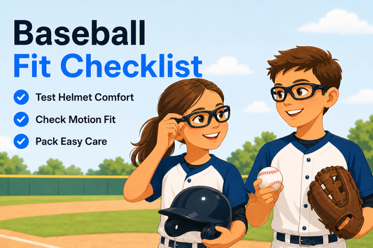 Young girl and boy baseball players checking prescription sports glasses with a helmet, glove, and baseball field behind them