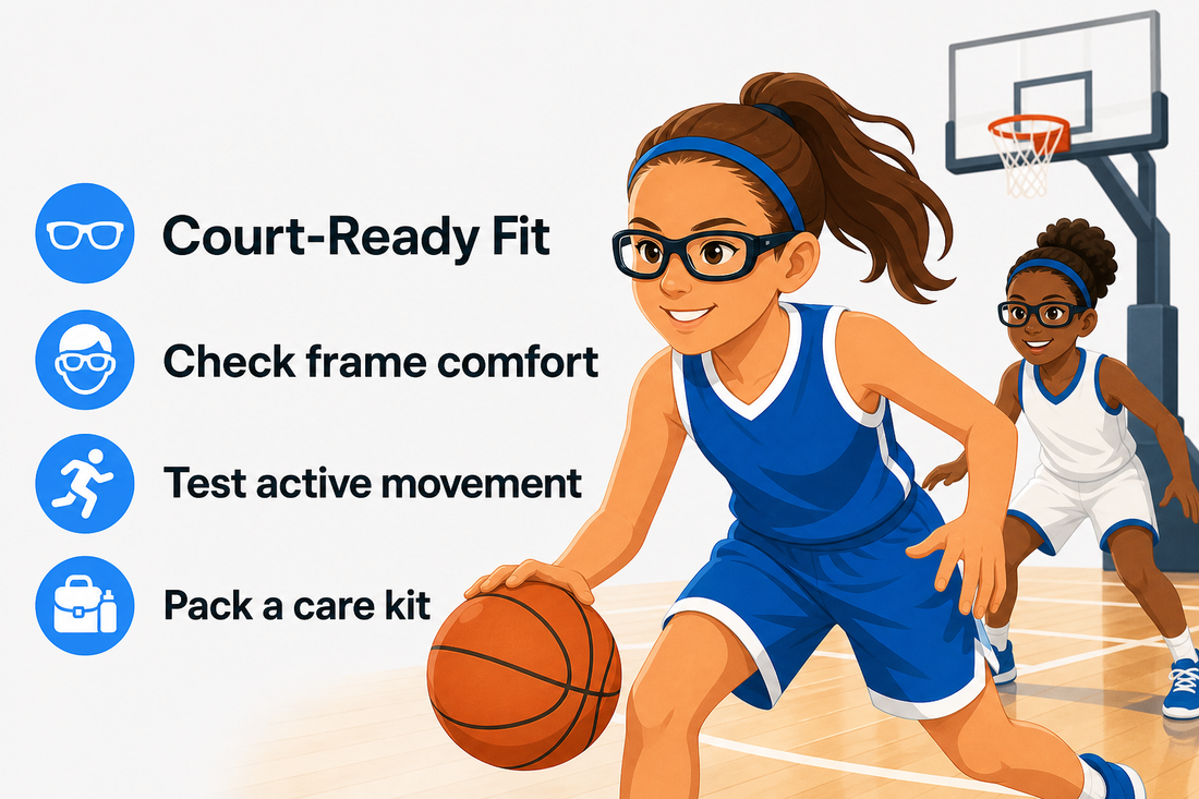 Editorial illustration of a young basketball player checking the fit of prescription sports glasses on a court.
