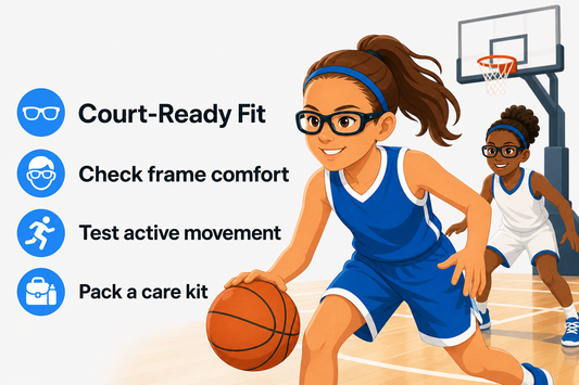 Editorial illustration of a young basketball player checking the fit of prescription sports glasses on a court.