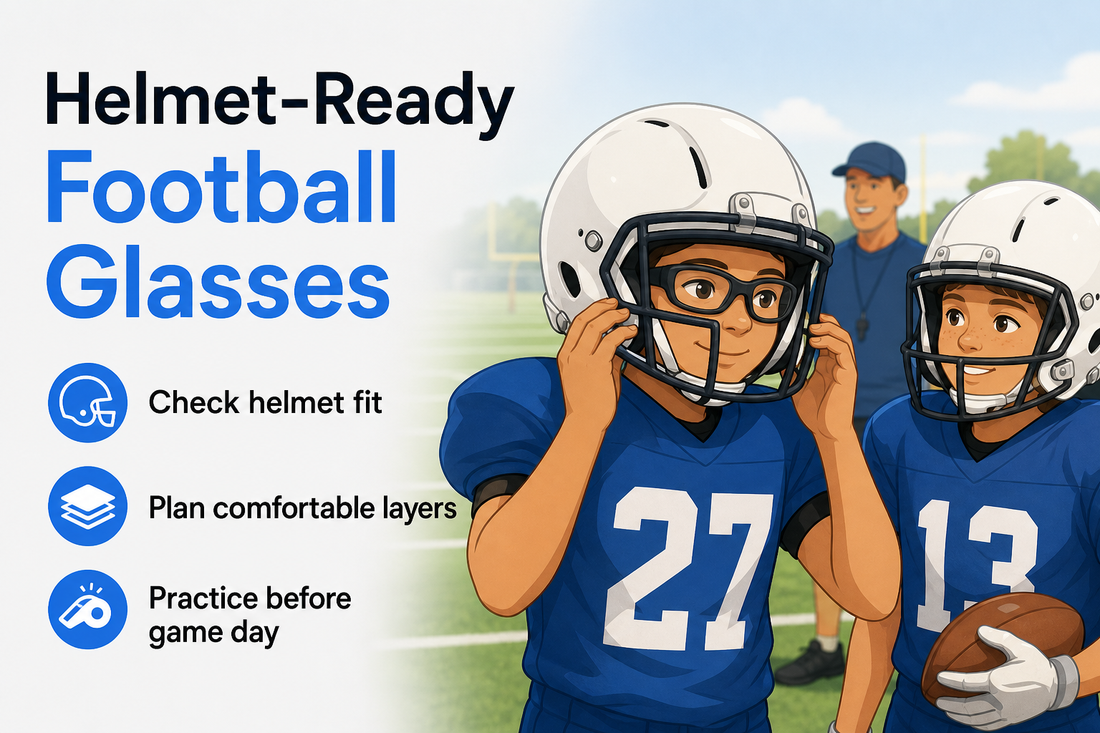 Young football player wearing prescription sports glasses and a helmet on a practice field