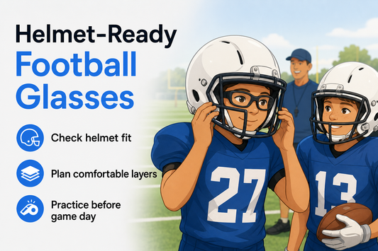 Young football player wearing prescription sports glasses and a helmet on a practice field