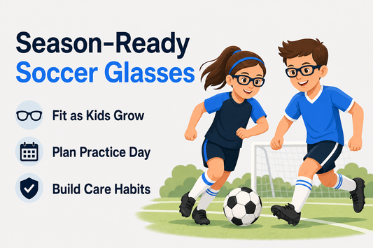 Editorial illustration of two young soccer players wearing prescription sports glasses on a field