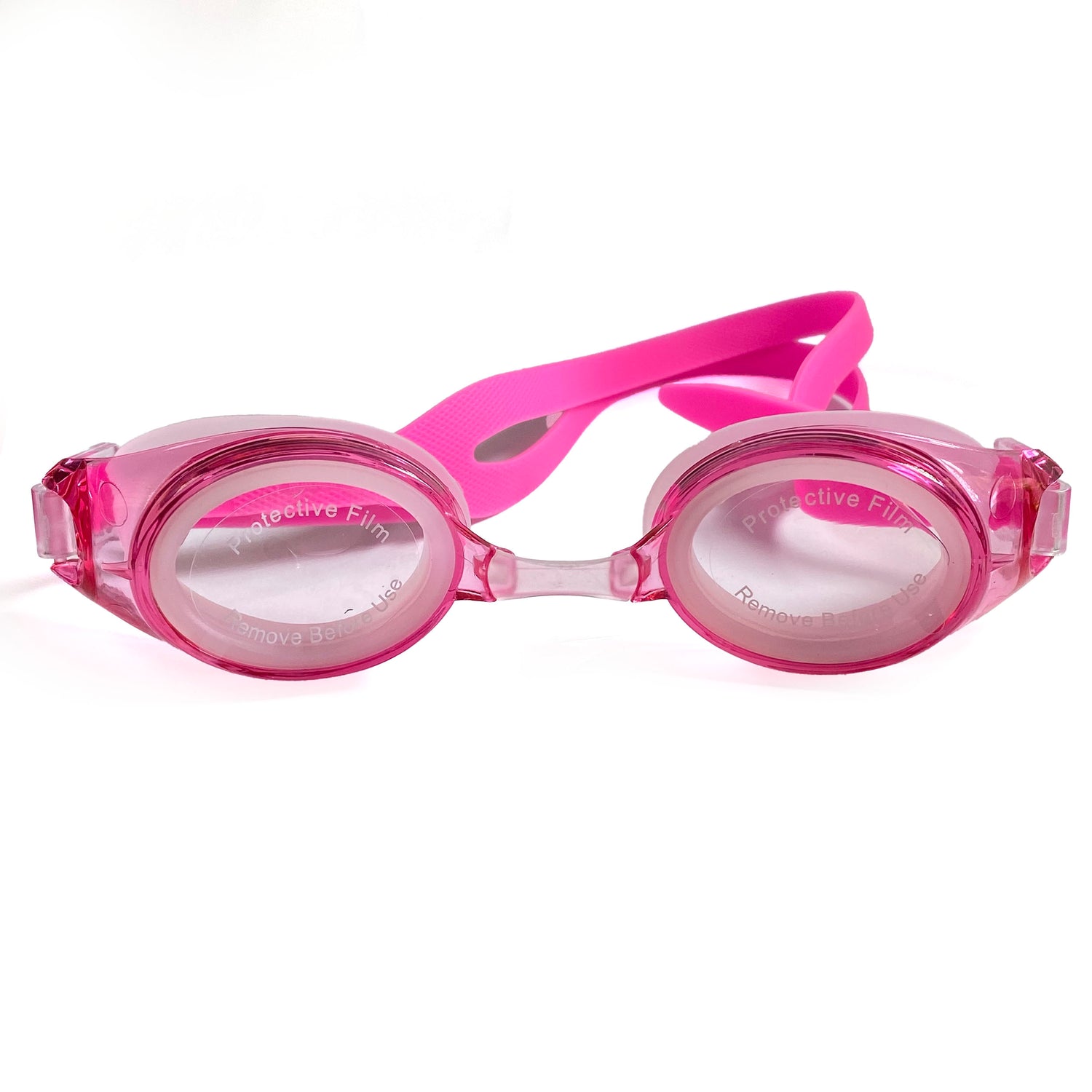Pink swim goggles with a clear lens on a white background