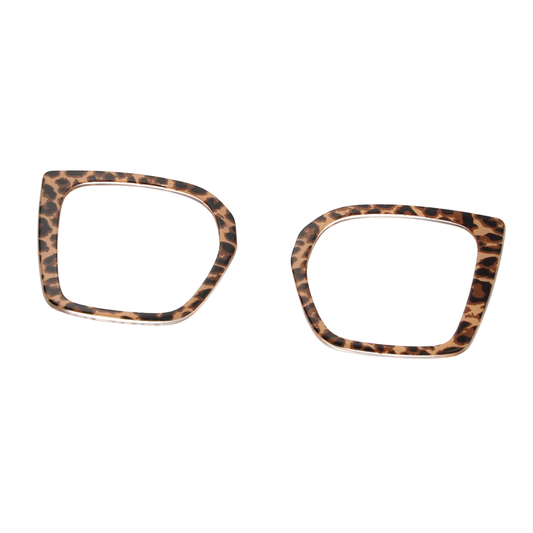Two leopard print eyeglass frames on a white background