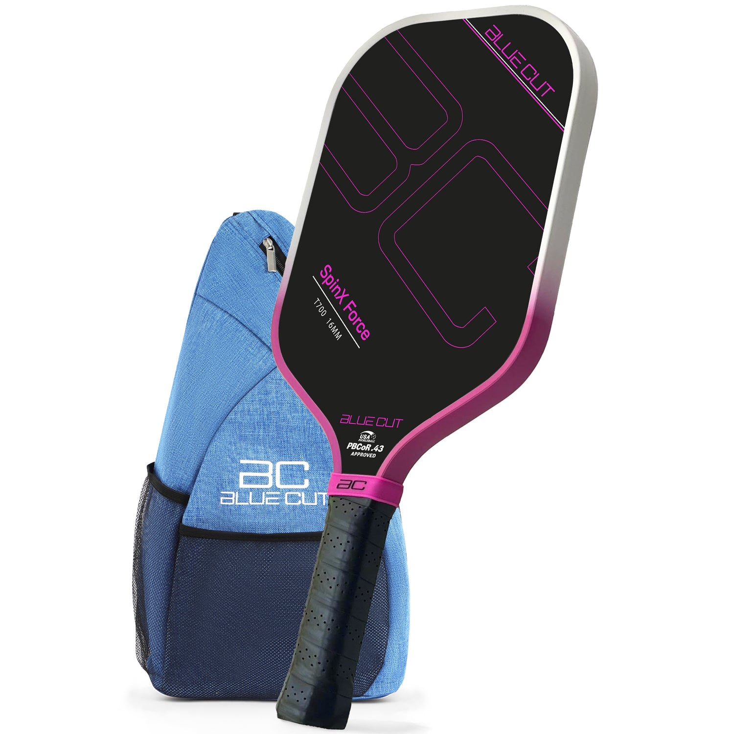 Pickleball paddle with blue case on a white background