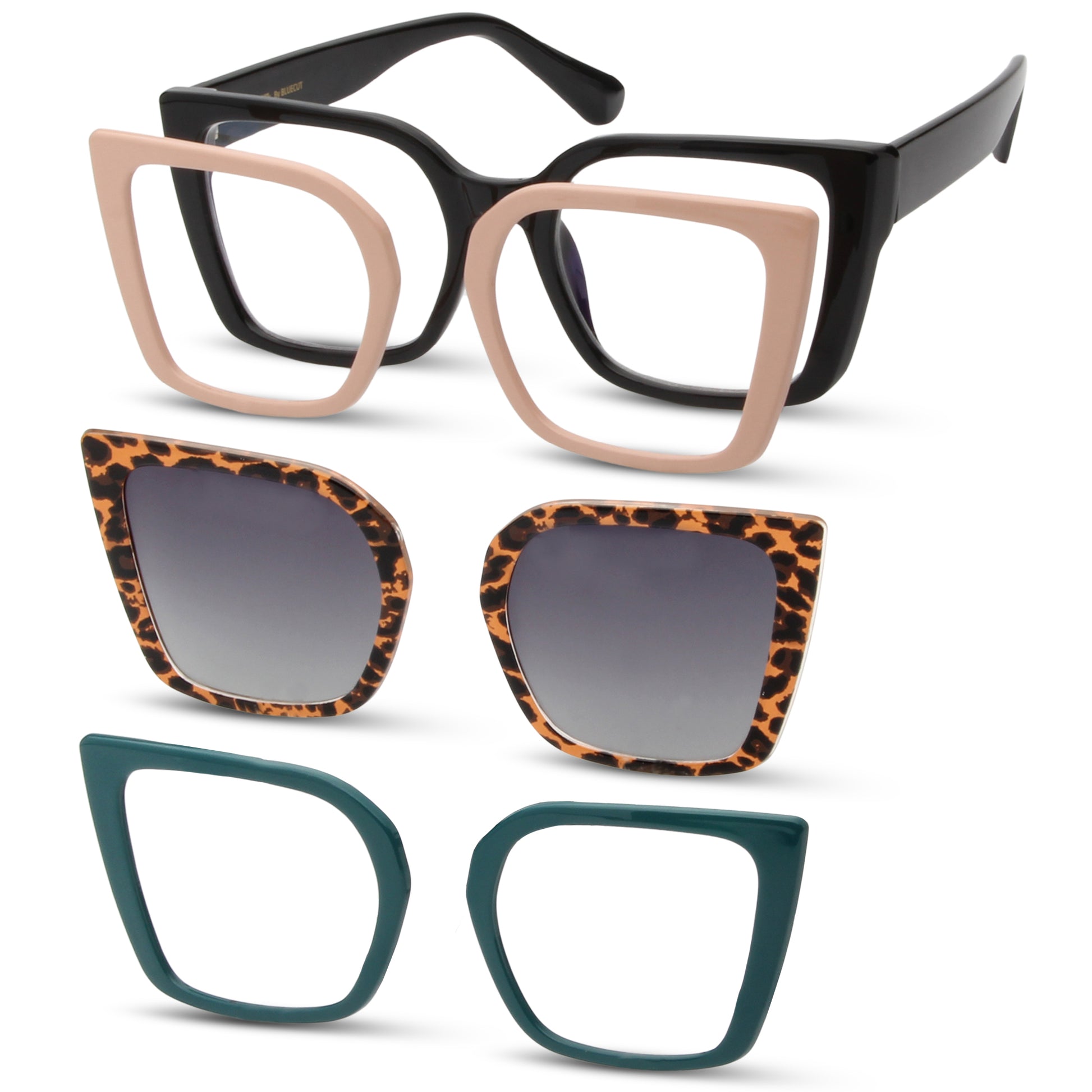 Collection of different pairs of sunglasses with various frame designs on a white background