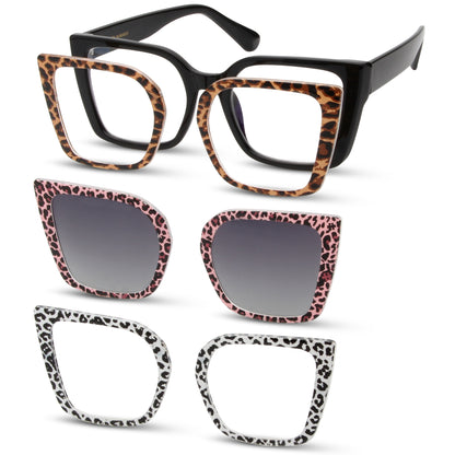 Collection of cat-eye glasses with leopard print frames on a white background
