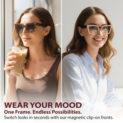 Two women wearing sunglasses and glasses with text 'Wear Your Mood' and 'One Frame. Endless Possibilities.'