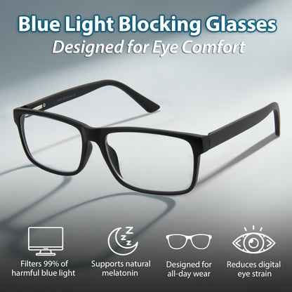 Black blue light blocking glasses with features listed on a gray background